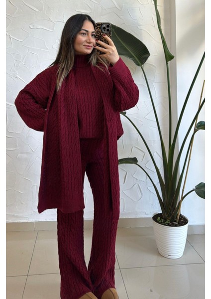 Kadın Bordo Atkılı Saç Örgülü Triko Pantolon Takım