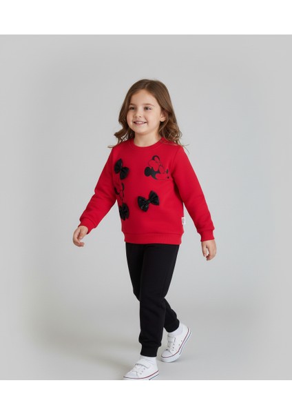 Minnie Mouse Baskılı ve Fiyonk Detaylı Kırmızı 3 İplik Şardonlu Sweatshirt Siyah Eşofman Altı Kız Çocuk Takımı