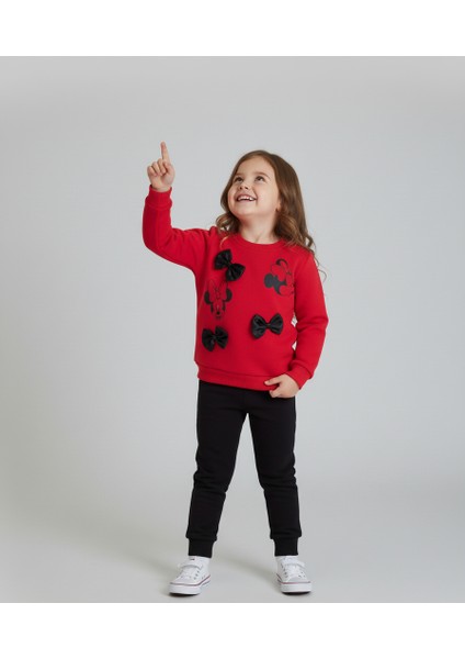 Minnie Mouse Baskılı ve Fiyonk Detaylı Kırmızı 3 İplik Şardonlu Sweatshirt Siyah Eşofman Altı Kız Çocuk Takımı fiyatları