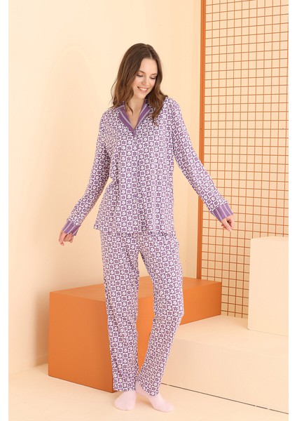 Lila Önden Düğmeli Pijama Takımı