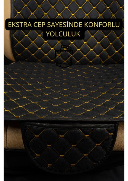 Terletmez Ergonomik Ototurco Koltuk Kılıfı-Minderi (7 Parça) - 5 Koltuk Araç Tam Set Siyah-Sarı