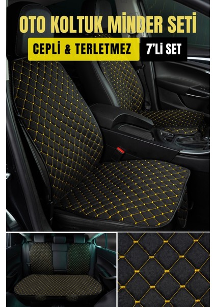 Terletmez Ergonomik Ototurco Koltuk Kılıfı-Minderi (7 Parça) - 5 Koltuk Araç Tam Set Siyah-Sarı