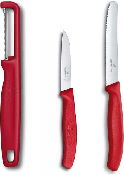 Kırmızı Domates Soyacağı - 11 cm Tırtıklı Domates Sebze Bıçağı - 8 cm Düz Bıçak 3lü Set
