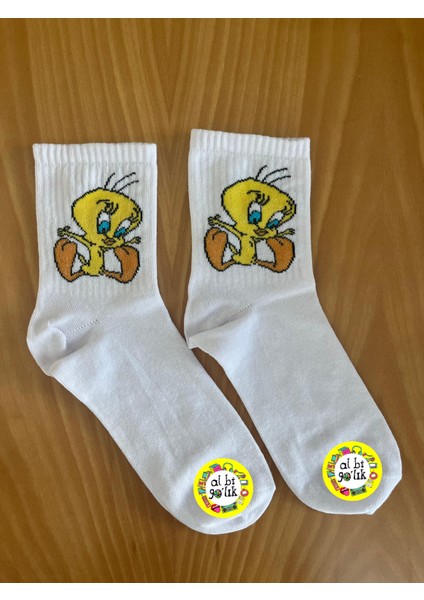 Tweety Çizgi Film Karakter Desenli Kolej Çorap