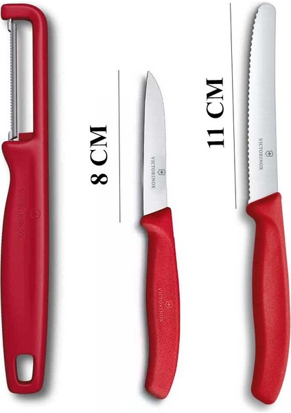 Kırmızı Domates Soyacağı - 11 cm Tırtıklı Domates Sebze Bıçağı - 8 cm Düz Bıçak 3lü Set indirimleri