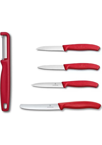 Kırmızı Tırtıklı Bıçak ve Domates Soyacağı Seti 5 Li