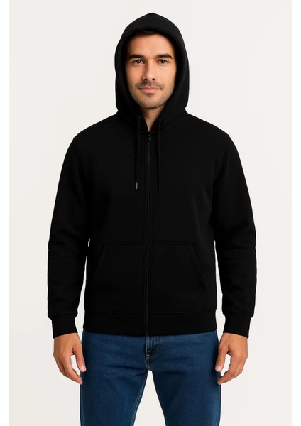 Monsi -Erkek Üç Iplik Kapüşonlu Tam Fermuarlı Kanguru Cepli Sweatshirt Hoodie fırsatları