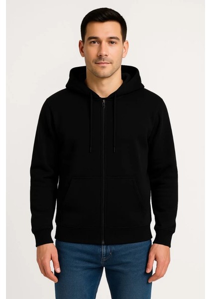 Monsi -Erkek Üç Iplik Kapüşonlu Tam Fermuarlı Kanguru Cepli Sweatshirt Hoodie