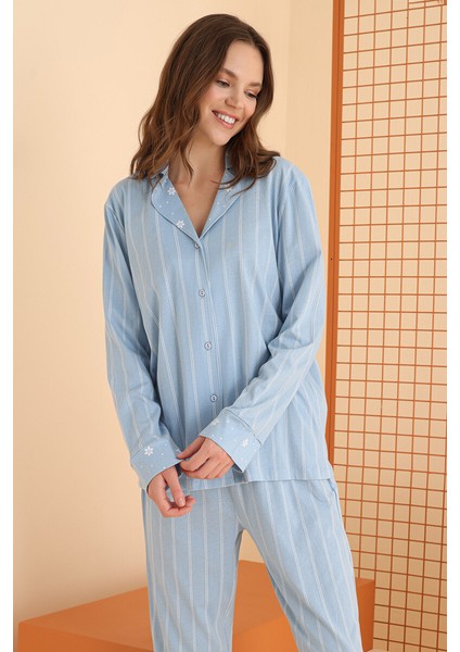 Mavi Çizgili Önden Düğmeli Pijama Takım fırsatları
