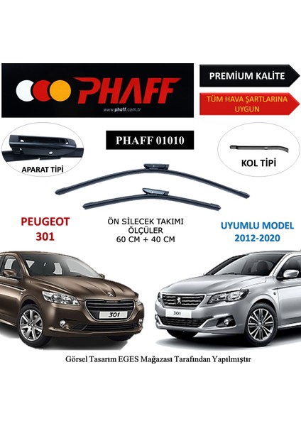 Peugeot 301 (2012-2020) Ön Silecek Süpürgesi 600MM + 400MM