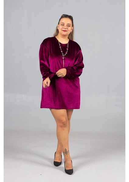 Maksimum Şıklık Kolyeli Büyük Beden Fuşya Kadife Tunik modelleri