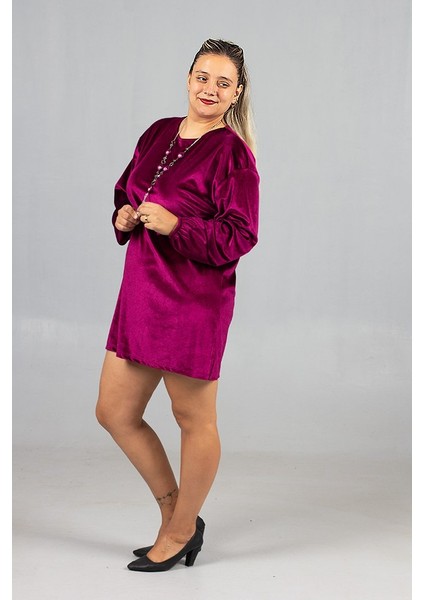 Maksimum Şıklık Kolyeli Büyük Beden Fuşya Kadife Tunik fırsatları