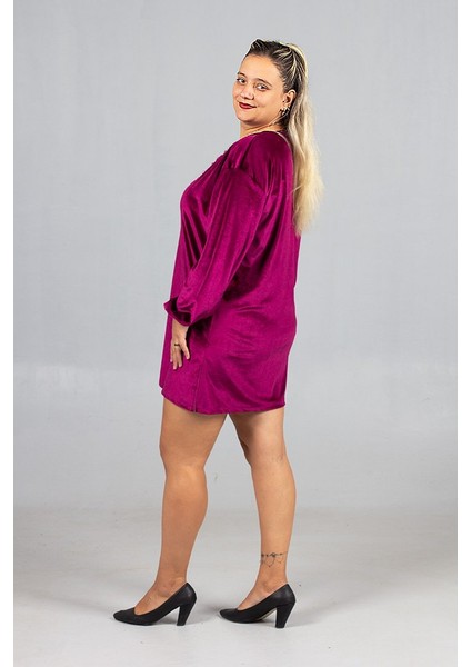 Maksimum Şıklık Kolyeli Büyük Beden Fuşya Kadife Tunik indirimleri