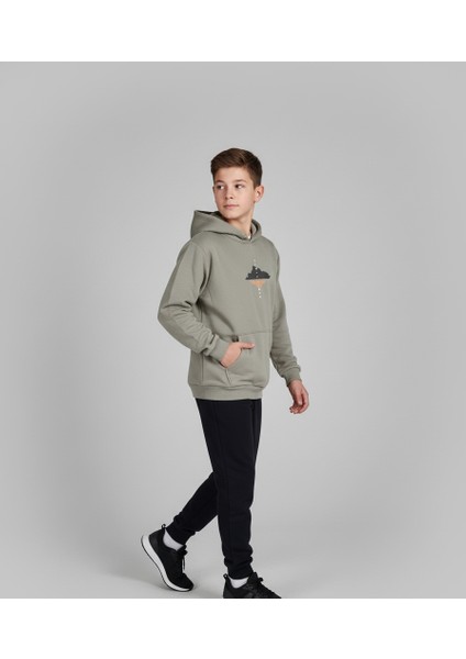 3 Iplik Şardonlu Kapüşonlu Sweatshirt ve Siyah Eşofman Altı Erkek Çocuk Takımı