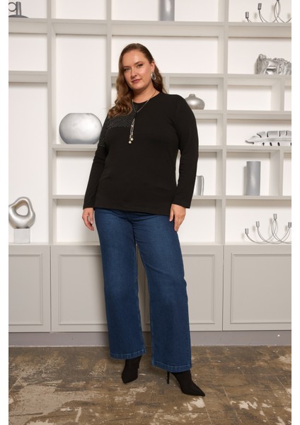 Büyük Beden Kadın Siyah Omuz Detaylı Uzun Kollu Bluz modelleri