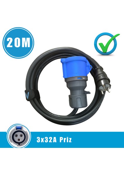 Karavan Elektrik Girişi Uzatma Kablosu 20 Metre 2x16A Fiş - 3x32A Priz