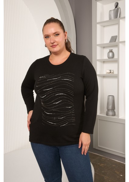 Büyük Beden Siyah Sim Detaylı Dalgalı Desenli Uzun Kollu Bluz