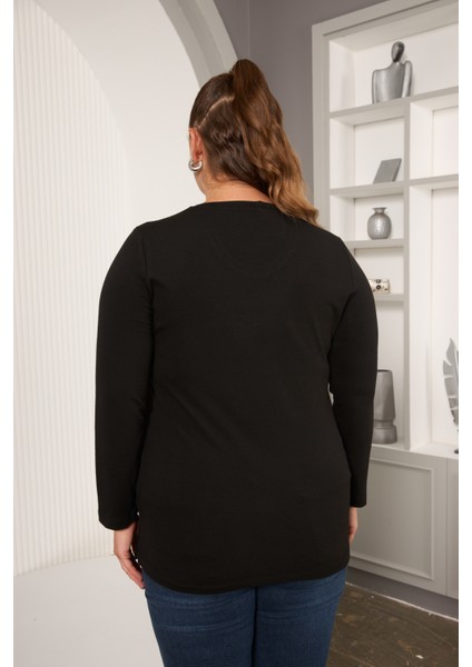 Büyük Beden Siyah Sim Detaylı Dalgalı Desenli Uzun Kollu Bluz fırsatları