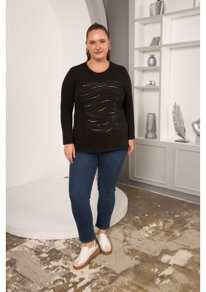 Büyük Beden Siyah Sim Detaylı Dalgalı Desenli Uzun Kollu Bluz