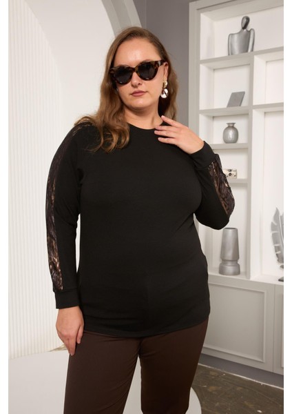 Büyük Beden Kolu Dantel Detay Bluz Siyah