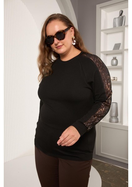 Büyük Beden Kolu Dantel Detay Bluz Siyah