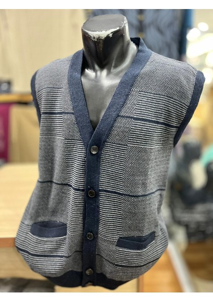 Erkek Triko Düğmeli Cepli Desenli Yelek