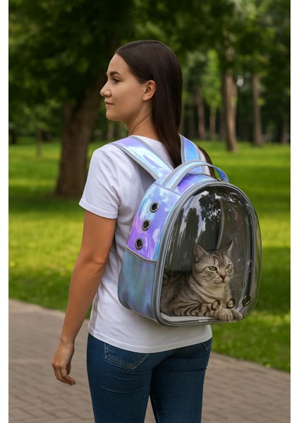 Şeffaf Hologramlı Astronot Kedi ve Köpek Taşıma Çantası, Beyaz Renginde, Hafif ve Şık.