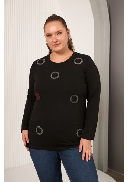 Büyük Beden Taş Detaylı Halka Desenli Uzun Kollu Bluz