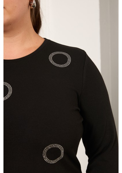 Büyük Beden Taş Detaylı Halka Desenli Uzun Kollu Bluz fiyatları