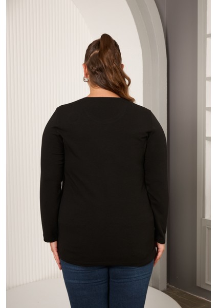 Büyük Beden Taş Detaylı Halka Desenli Uzun Kollu Bluz modelleri