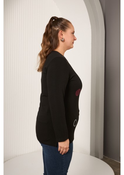 Büyük Beden Taş Detaylı Halka Desenli Uzun Kollu Bluz fırsatları