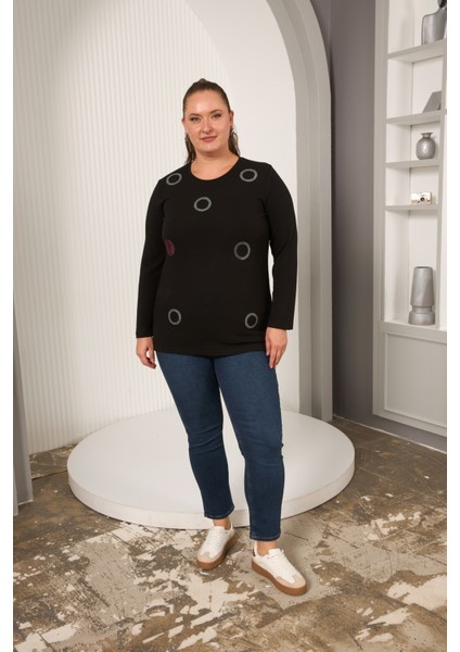 Büyük Beden Taş Detaylı Halka Desenli Uzun Kollu Bluz indirimleri