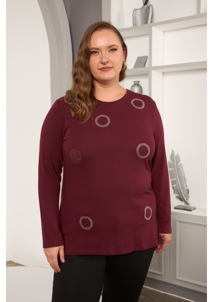 Büyük Beden Taş Detaylı Halka Desenli Uzun Kollu Bluz