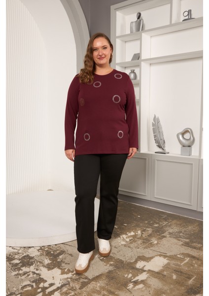 Büyük Beden Taş Detaylı Halka Desenli Uzun Kollu Bluz indirimleri