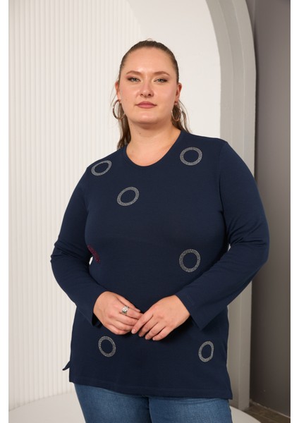 Büyük Beden Taş Detaylı Halka Desenli Uzun Kollu Bluz