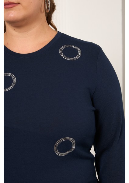 Büyük Beden Taş Detaylı Halka Desenli Uzun Kollu Bluz modelleri