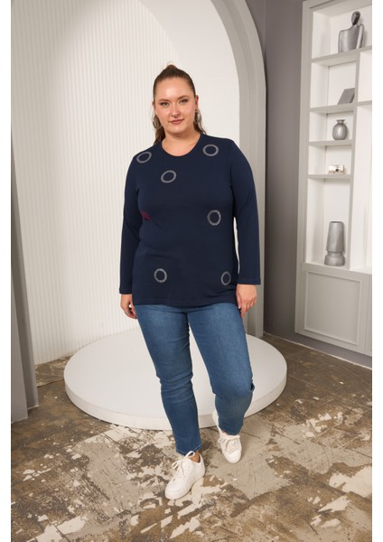 Büyük Beden Taş Detaylı Halka Desenli Uzun Kollu Bluz indirimleri