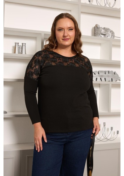 Büyük Beden Kordone Dantel Garnili Bluz Siyah