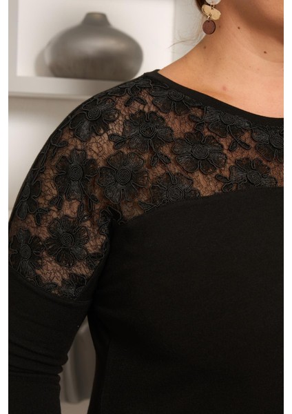 Büyük Beden Kordone Dantel Garnili Bluz Siyah fiyatları