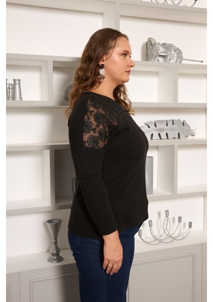 Büyük Beden Kordone Dantel Garnili Bluz Siyah indirimleri