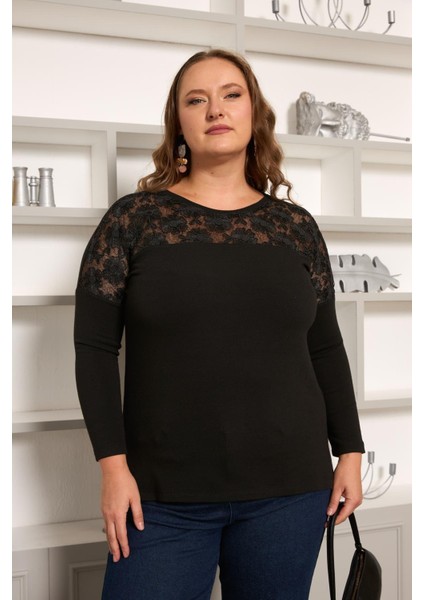Büyük Beden Kordone Dantel Garnili Bluz Siyah
