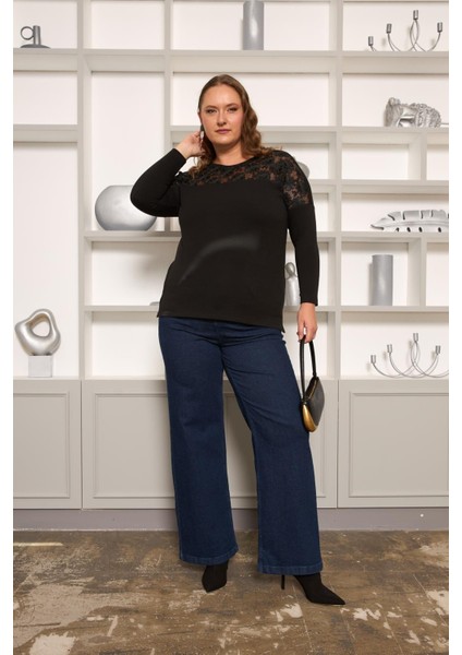 Büyük Beden Kordone Dantel Garnili Bluz Siyah