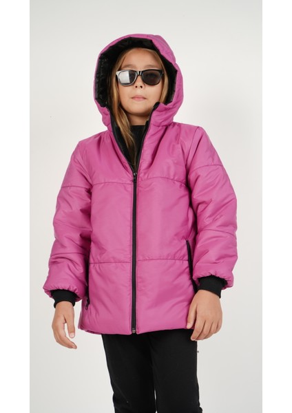 Kız Çocuk Su ve Rüzgar Geçirmez Içi Wersoftlu Kapüşonlu Mont