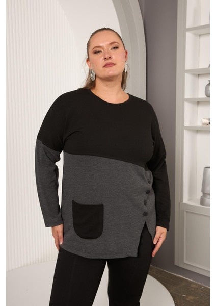 Büyük Beden Önü Düğme ve Cep Detay Bluz Siyah