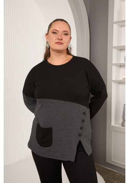 Büyük Beden Önü Düğme ve Cep Detay Bluz Siyah fiyatları