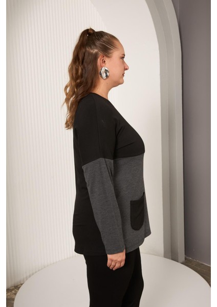 Büyük Beden Önü Düğme ve Cep Detay Bluz Siyah modelleri