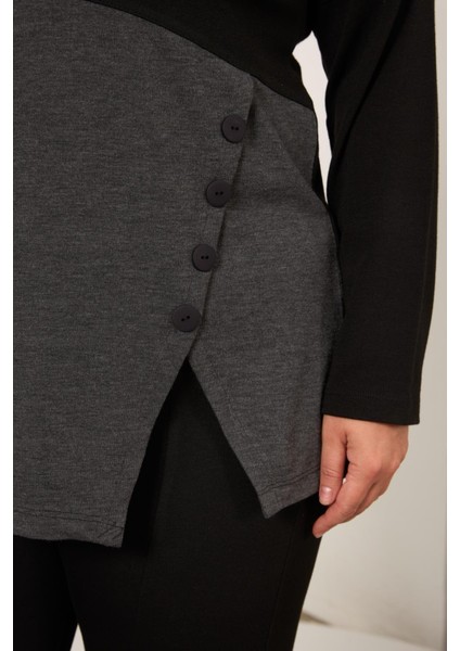 Büyük Beden Önü Düğme ve Cep Detay Bluz Siyah fırsatları