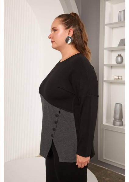 Büyük Beden Önü Düğme ve Cep Detay Bluz Siyah indirimleri