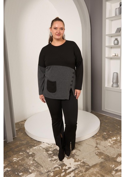 Büyük Beden Önü Düğme ve Cep Detay Bluz Siyah