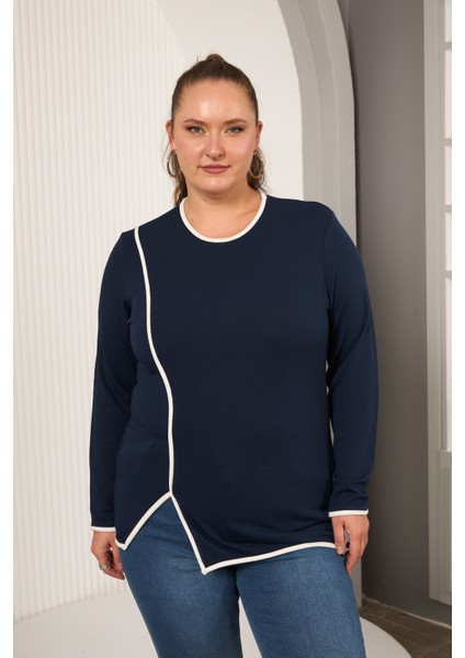 Büyük Beden Kontrast Biye Detaylı Asimetrik Bluz